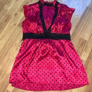 Tempted, hot pink and black polka-dot blouse